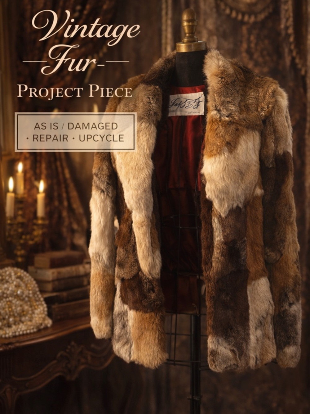 Vintage Real Fur Patchwork Jacket Jet Set California Size 9/10 AS IS Repair